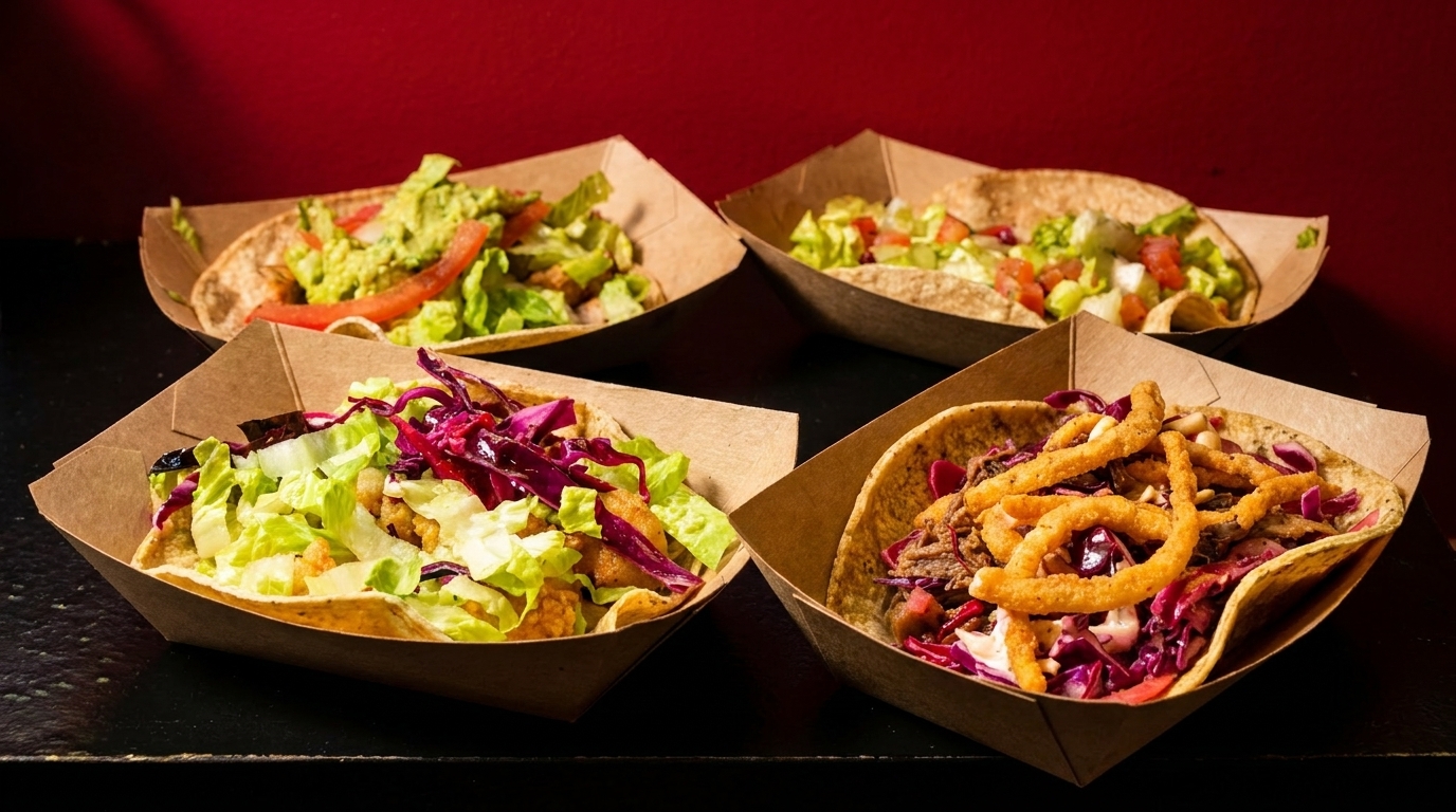 Four tacos in cardboard trays, two with guacamole, two with cabbage and fried toppings.