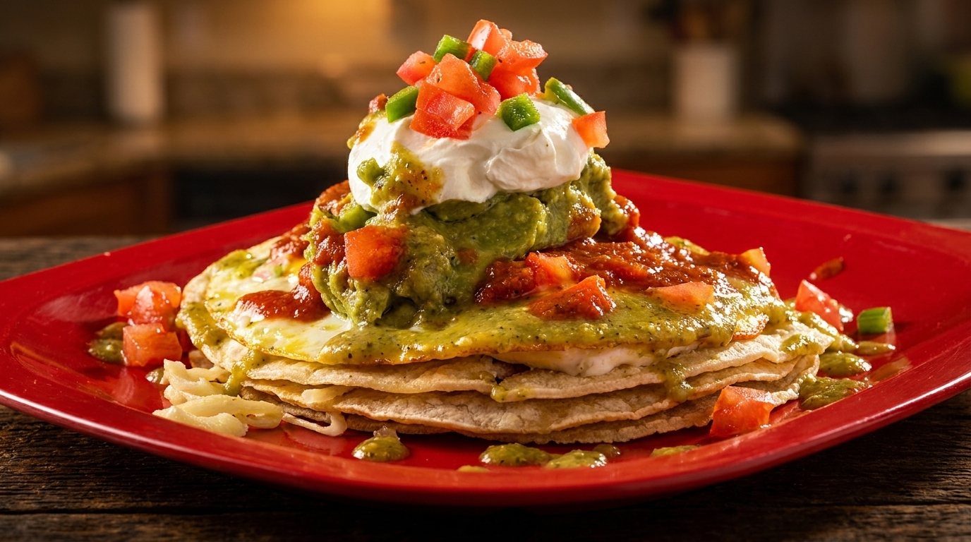 Stacked tortillas topped with eggs, green and red salsa, guacamole, sour cream, and diced tomatoes.