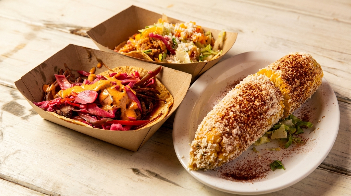 Two tacos in paper trays and an elote on a white plate, on a rustic wooden table.