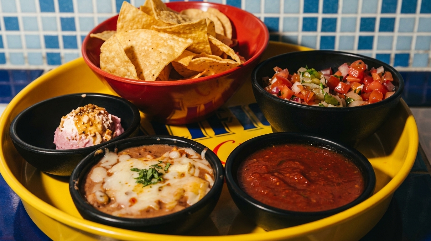 A yellow tray with tortilla chips, salsa, pico de gallo, refried beans, and a dessert.
