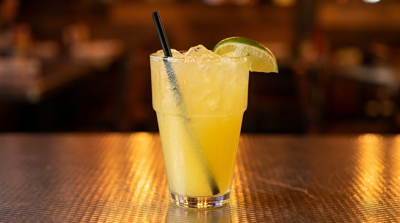 A refreshing yellow cocktail with ice, a black straw, and a lime wedge on a textured bar.