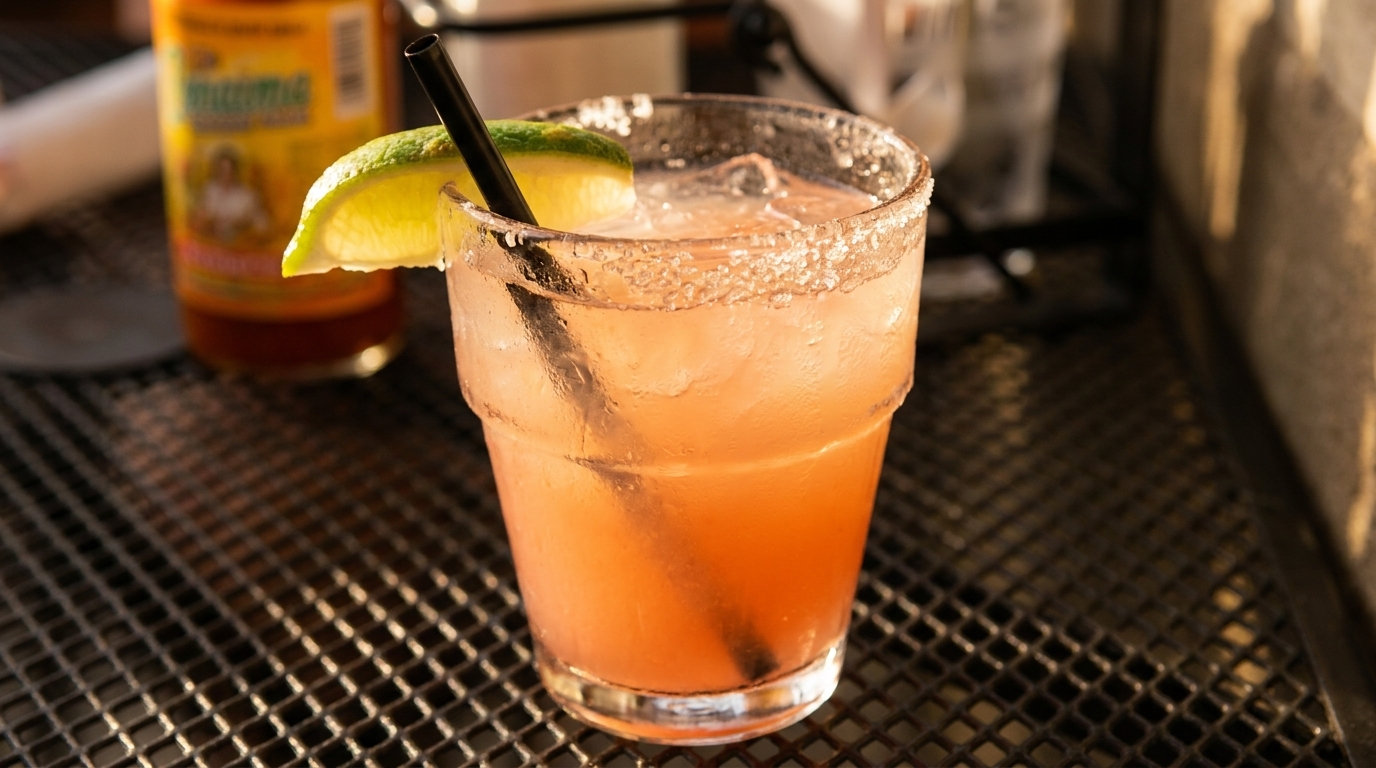 Pink margarita with a salted rim, lime wedge, and black straw on a metal table.
