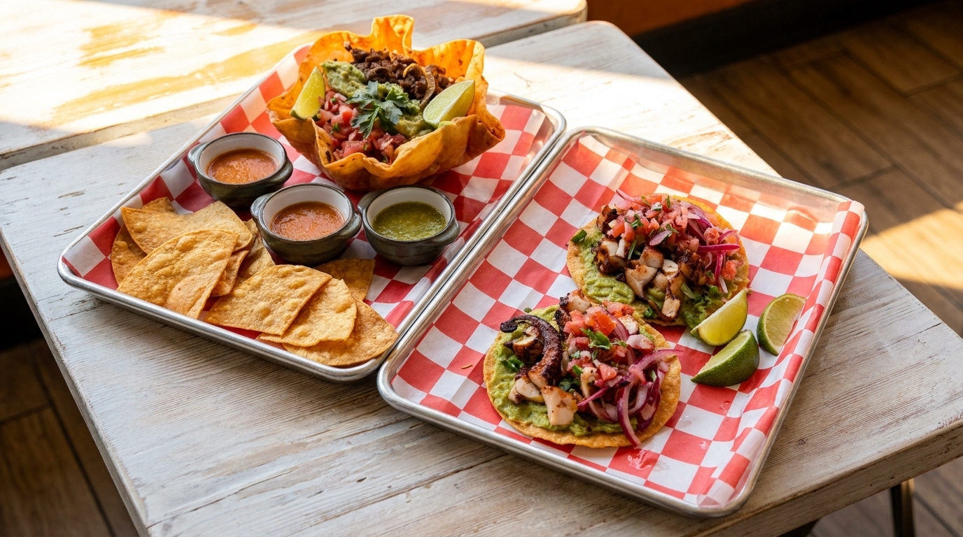 Two trays of Mexican food, including a taco salad, chips with dips, and two tostadas.
