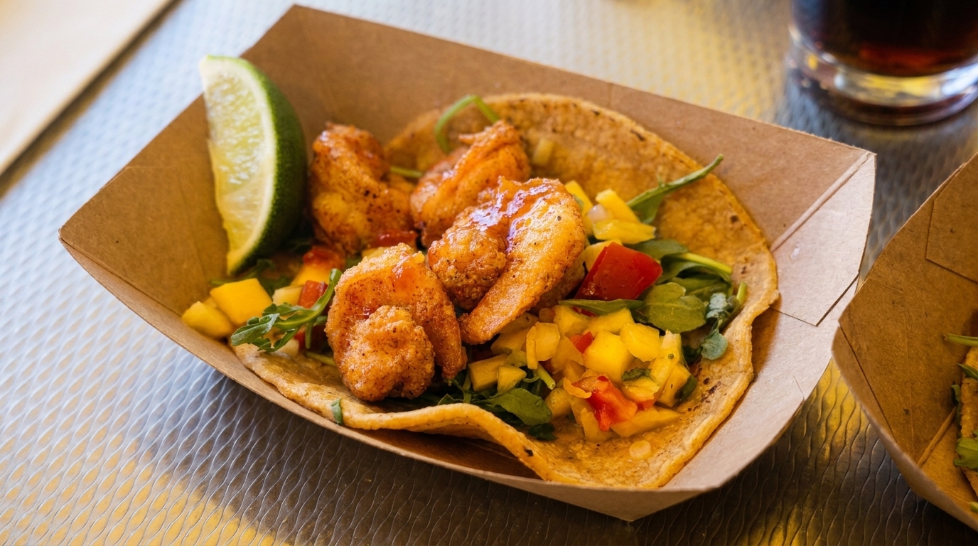 Crispy shrimp tacos with mango salsa, arugula, and a lime wedge in a paper tray.
