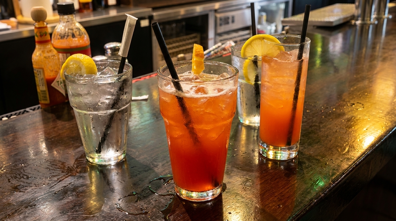 Three refreshing cocktails, two orange and one clear, with lemon and orange garnishes on a wet bar.