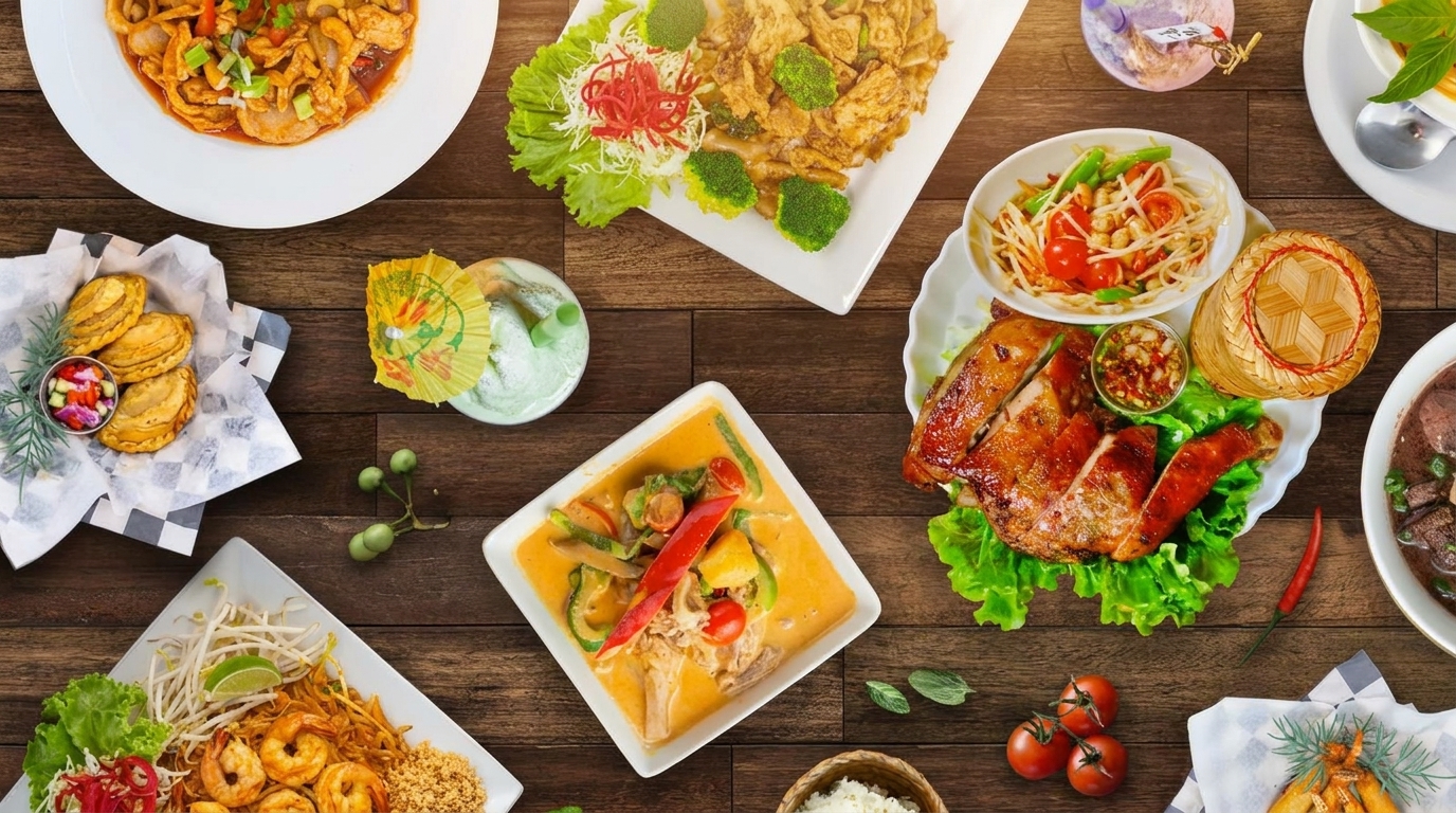 An overhead view of a wooden table laden with various Thai dishes, including curries, noodles, and grilled chicken.
