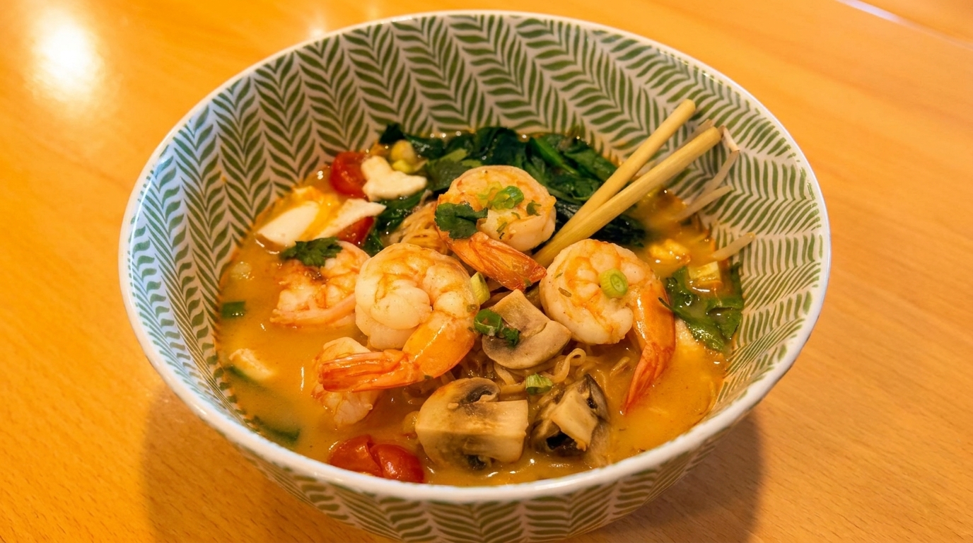 Shrimp ramen with mushrooms, spinach, and tomatoes in a patterned bowl with chopsticks.