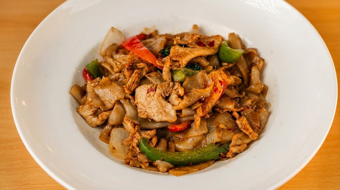 Close-up of Pad See Ew with chicken, wide noodles, and colorful bell peppers in a white bowl.