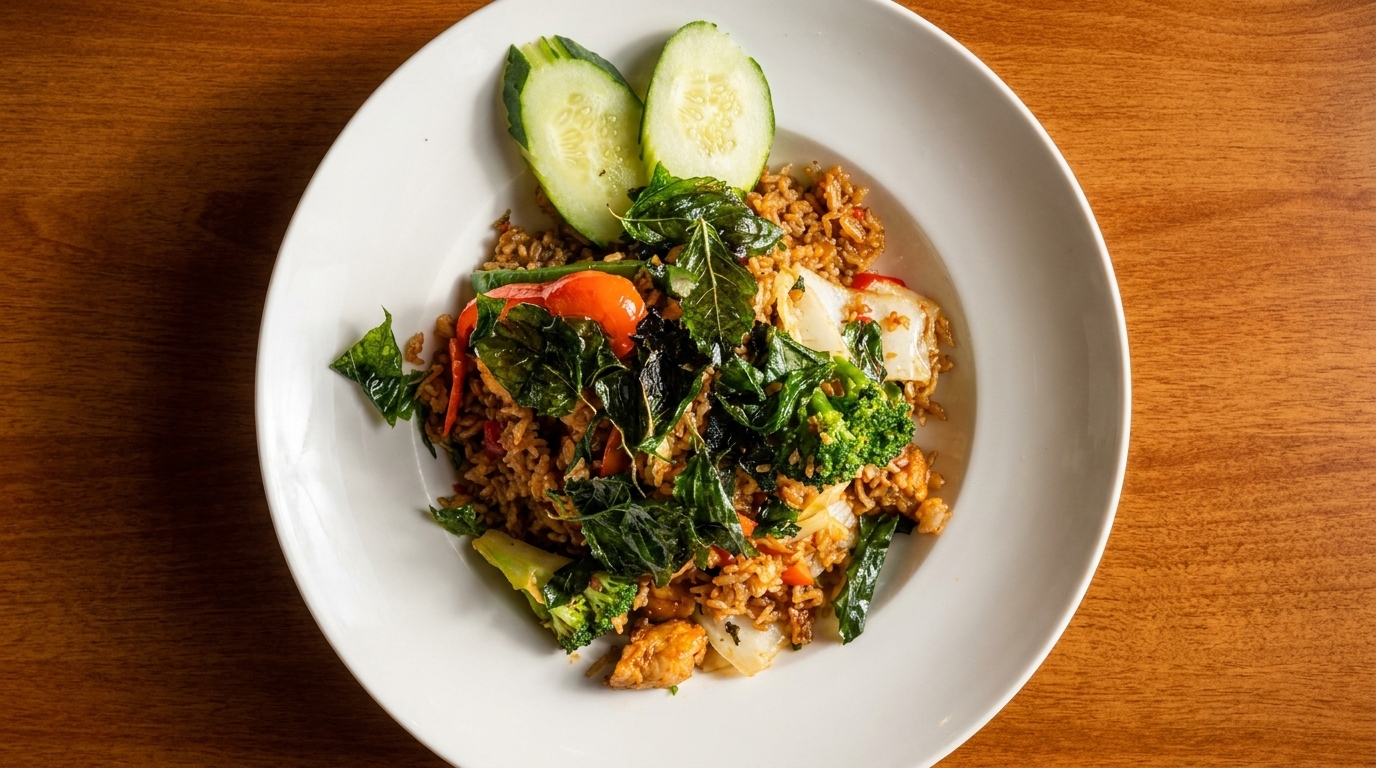 A white plate of Thai basil fried rice with chicken, broccoli, tomatoes, and cucumber slices.
