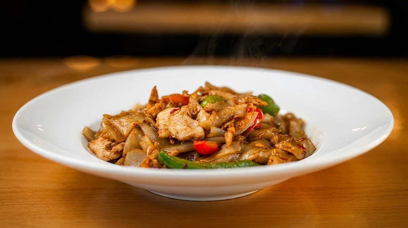 Steaming chicken Pad See Ew with wide noodles, green peppers, and cherry tomatoes in a white bowl.