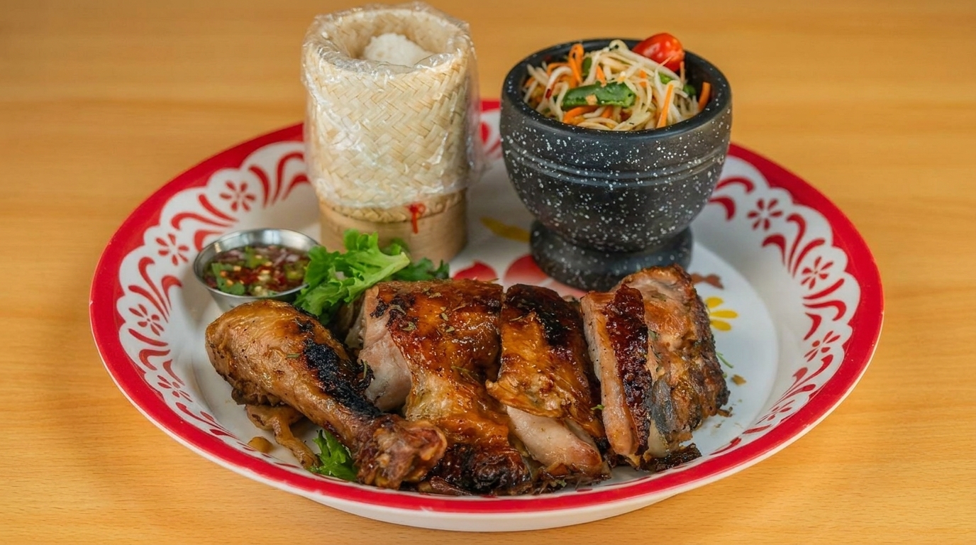 Grilled chicken, papaya salad, sticky rice, and dipping sauce on a white and red patterned plate.
