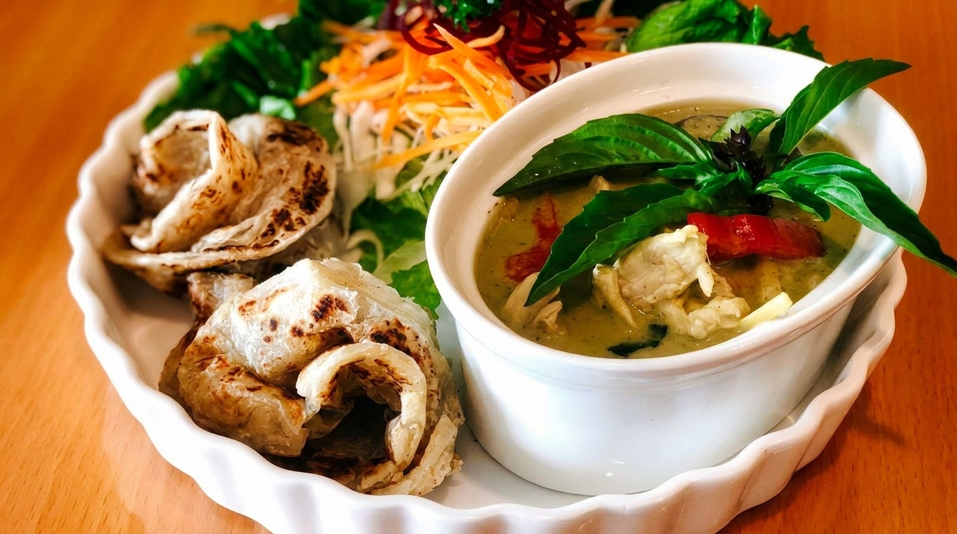 Green curry with chicken and red peppers, served with roti bread and a side salad.
