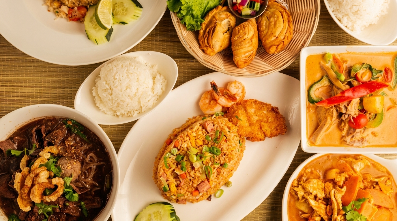 An overhead view of a table laden with various Thai dishes, including curries, fried rice, and noodles.