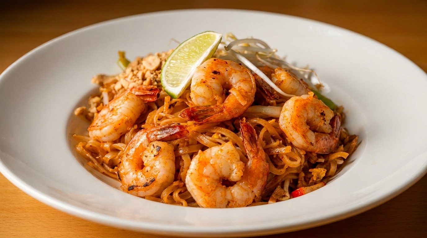 Shrimp Pad Thai with noodles, peanuts, bean sprouts, and a lime wedge in a white bowl.
