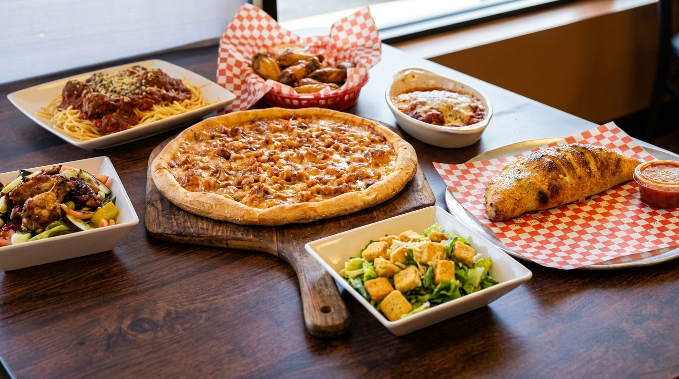 A wooden table laden with a pizza, spaghetti, wings, calzone, and two salads.