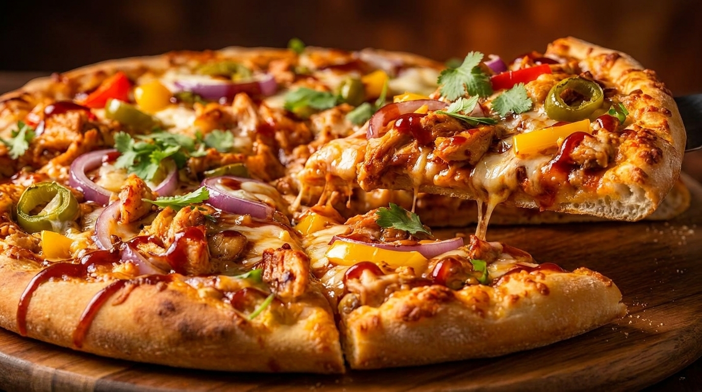 A slice of BBQ chicken pizza with melted cheese, red onions, and cilantro being lifted.