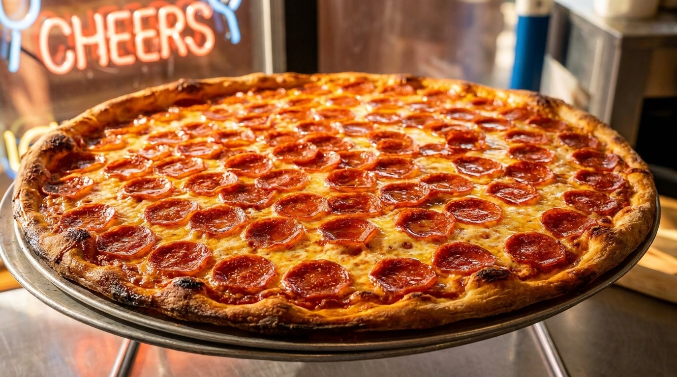 A large, hot pepperoni pizza on a metal stand, with a neon "CHEERS" sign in the background.