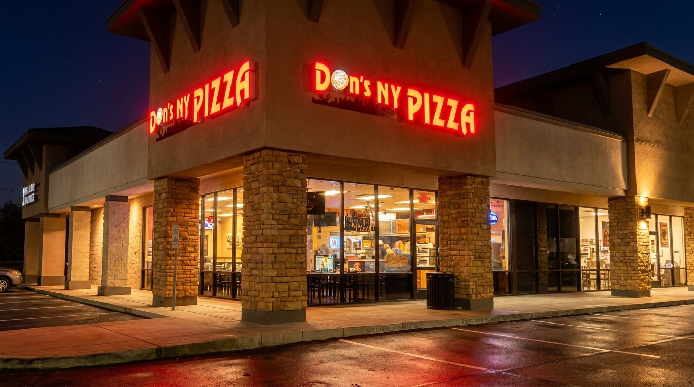 Exterior of Don's NY Pizza at night, with bright red neon signs and illuminated windows.