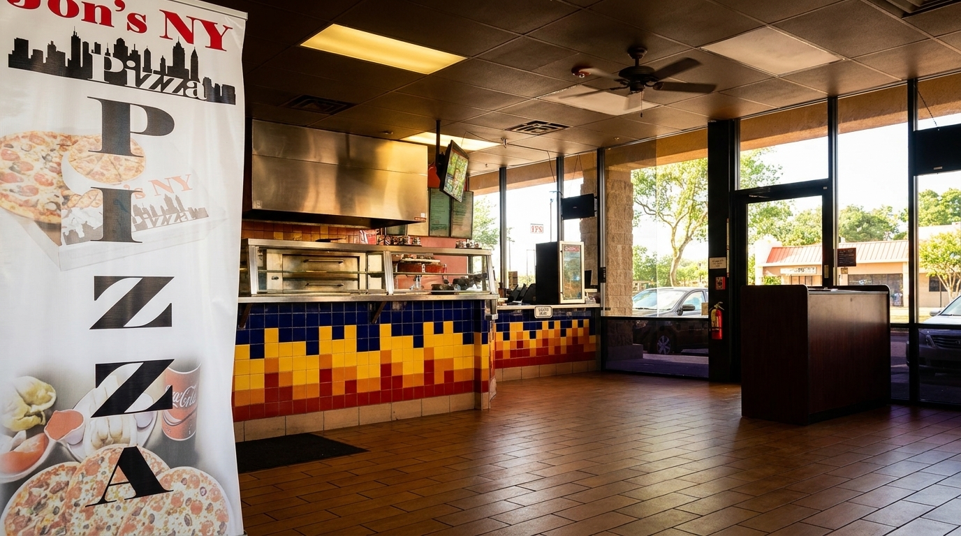 Interior of a pizza restaurant with a "Jon's NY Pizza" banner, tiled counter, and large windows.