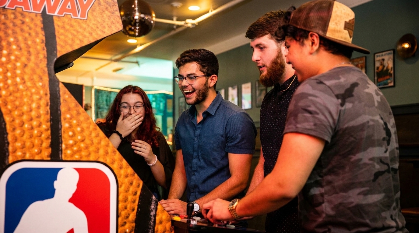 Four young adults laughing and playing an NBA Jam arcade game in a dimly lit room.