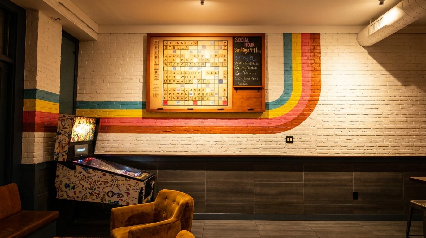 A retro-themed lounge area with a pinball machine, yellow armchairs, and a Scrabble-themed menu board.