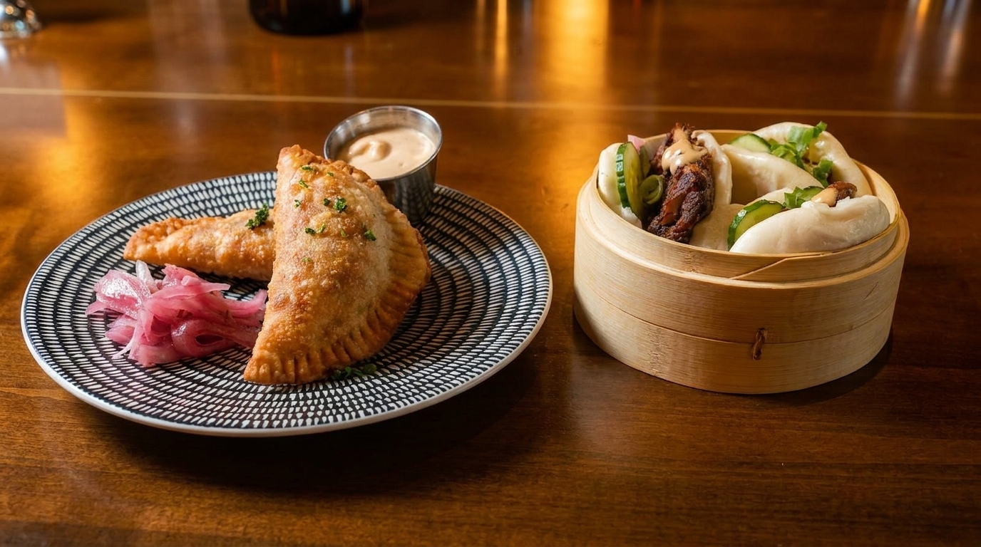 Empanadas with pickled onions and dipping sauce, alongside steamed bao buns in a bamboo basket.