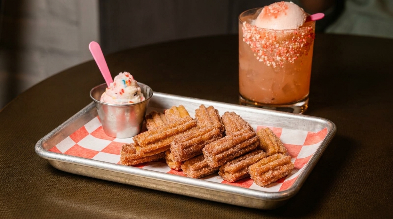 Churros with ice cream and a pink cocktail with sprinkles on a metal tray.