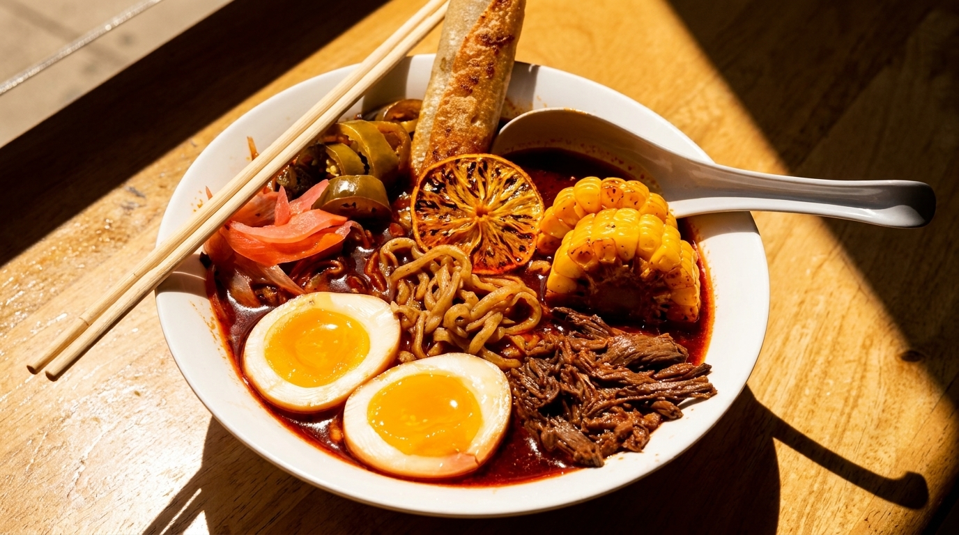 A bowl of ramen with beef, corn, soft-boiled eggs, and pickled vegetables on a wooden table.