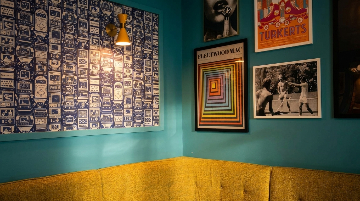 A vibrant corner with a yellow booth, teal walls, and eclectic framed art including a Fleetwood Mac poster.