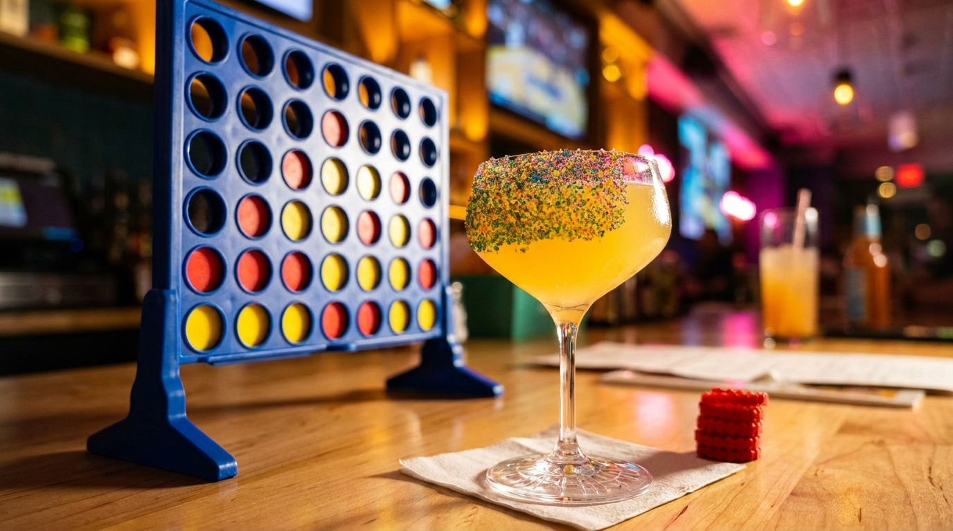 A colorful cocktail with sprinkles on the rim next to a Connect Four game on a wooden bar.