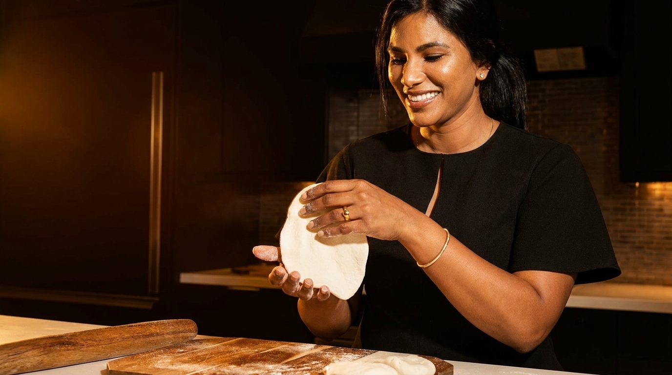Smiling woman in a black dress shaping dough with her hands in a dimly lit kitchen.