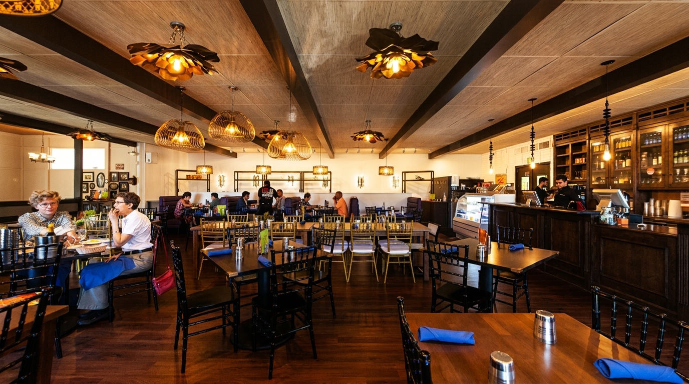 A restaurant dining room with patrons seated at tables, a bar area, and decorative lighting.