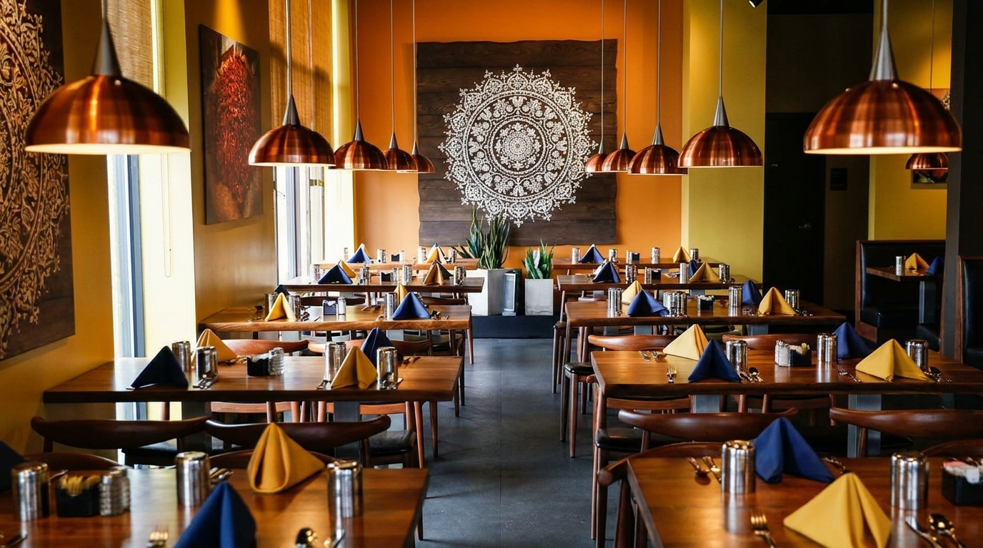 Restaurant interior with wooden tables, blue and yellow napkins, copper pendant lights, and a mandala wall art.