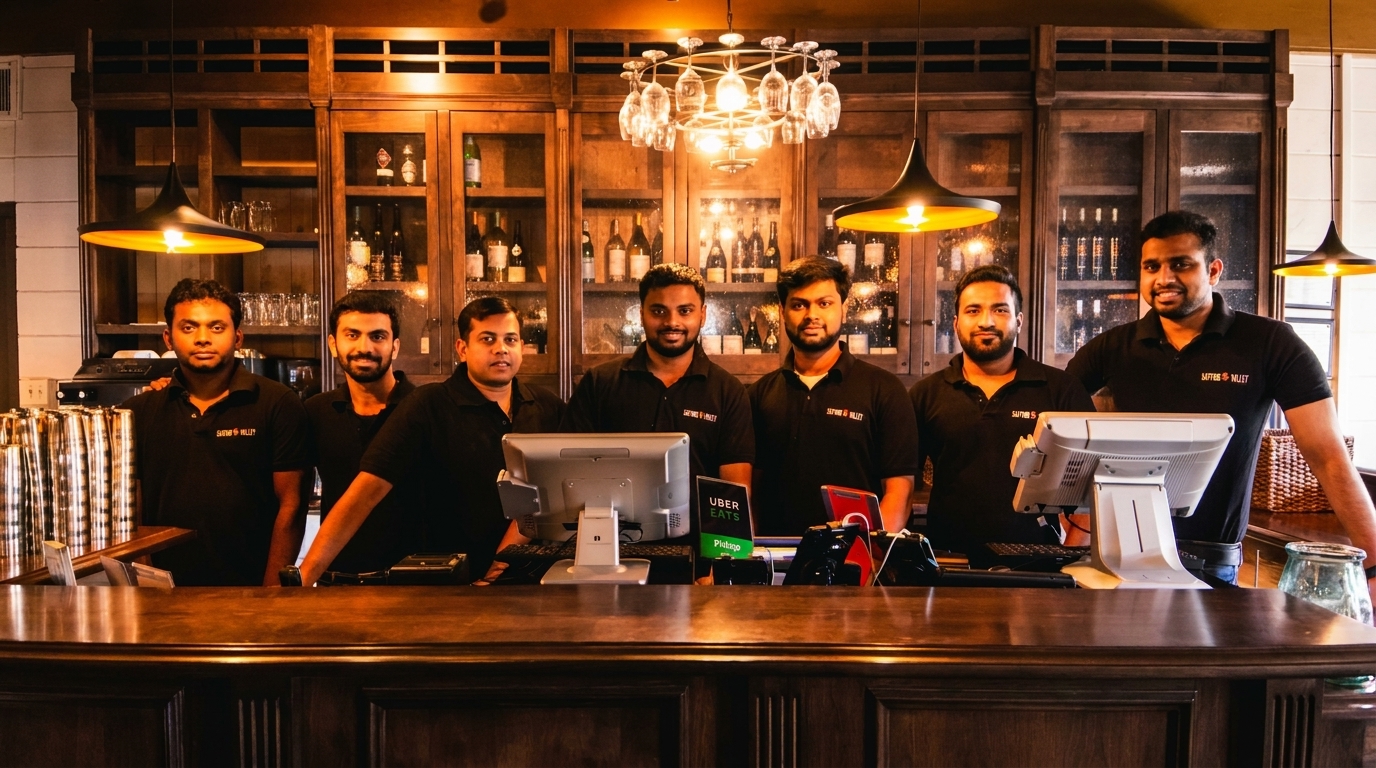 Seven male staff members in black shirts stand behind a wooden bar with computers and bottles.