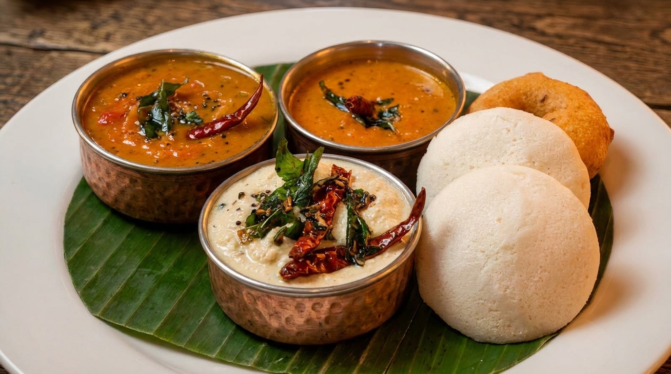A white plate with idli, vada, and three bowls of sambar and chutney on a banana leaf.