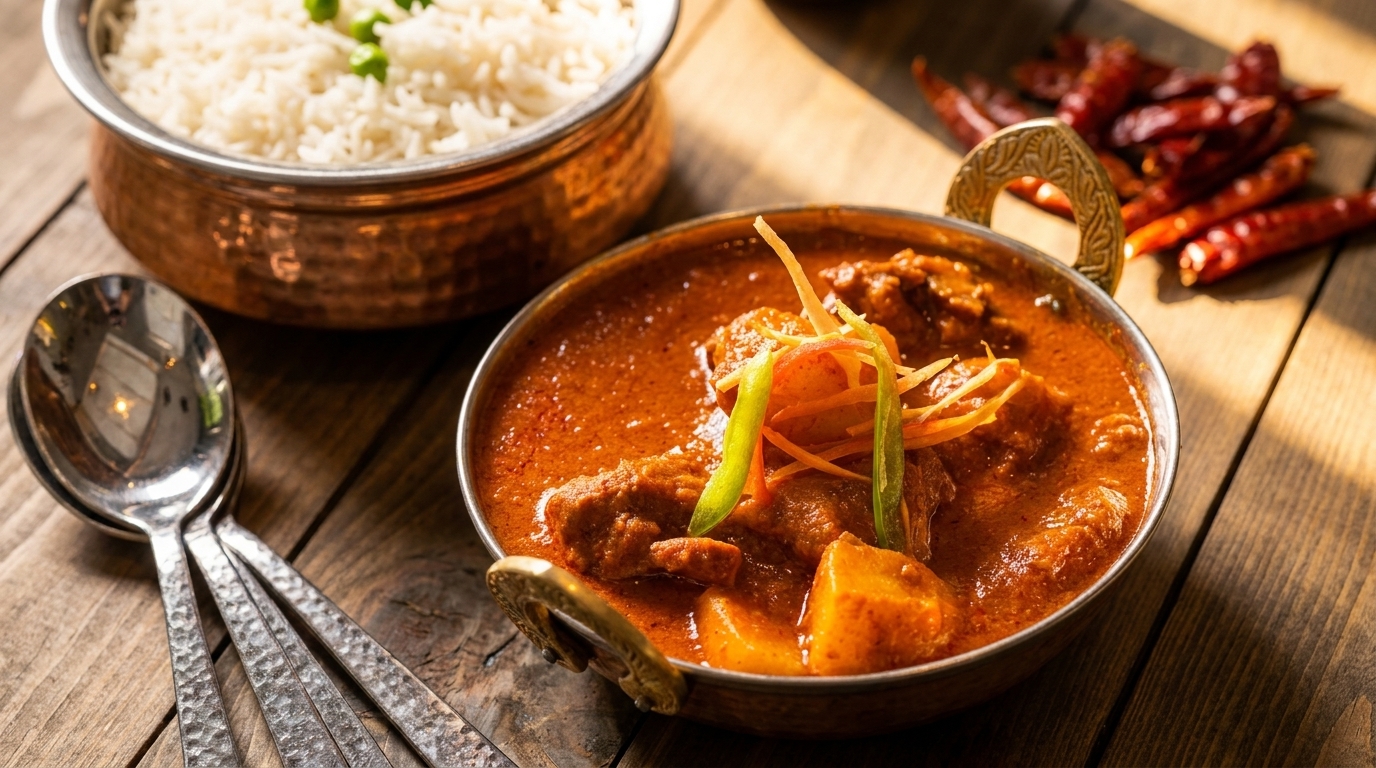 Indian curry with rice, garnished with peppers and carrots, served in copper bowls on a wooden table.
