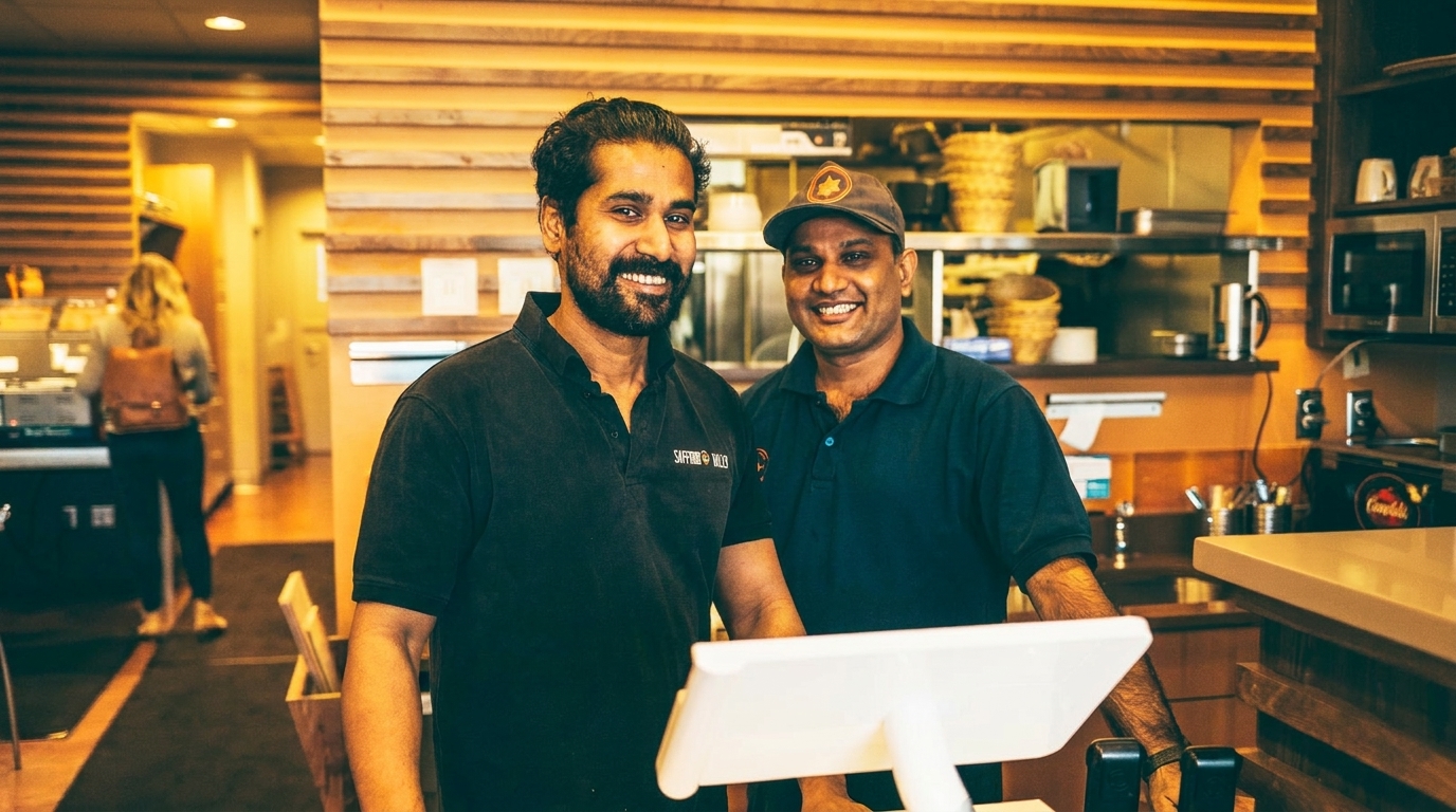 Two smiling men, one with a beard, stand behind a counter in a restaurant kitchen.
