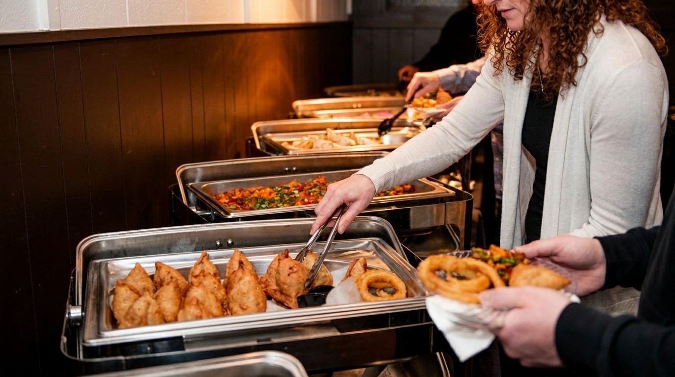 People serving themselves from a buffet line with samosas, onion rings, and other dishes.