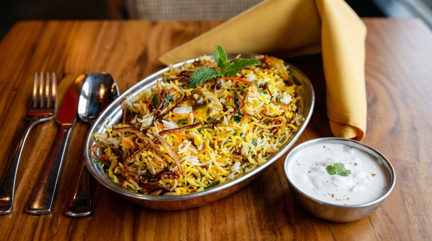A large platter of chicken biryani with raita, cutlery, and a yellow napkin on a wooden table.