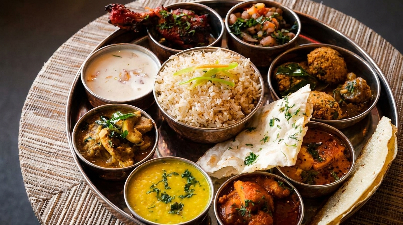 A large thali platter filled with various Indian dishes, including rice, curries, and naan.