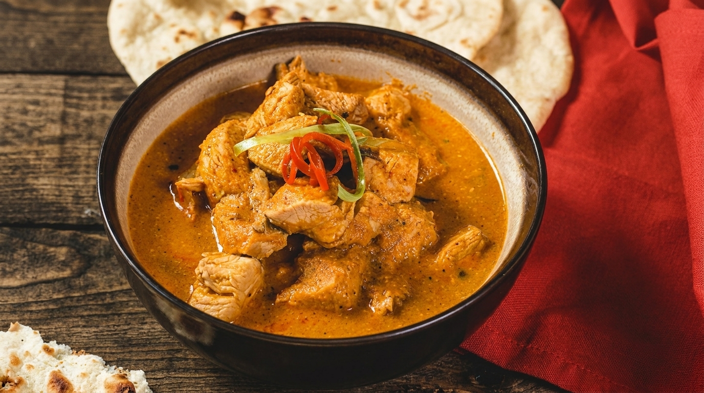 Chicken curry in a dark bowl, garnished with red and green peppers, with naan bread.