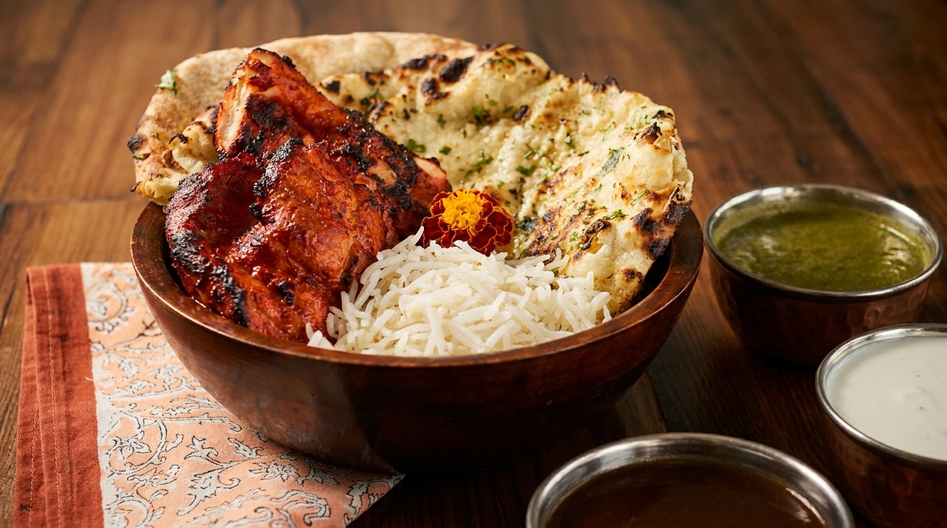 Tandoori chicken, naan, and rice in a wooden bowl, with three dipping sauces on a wooden table.