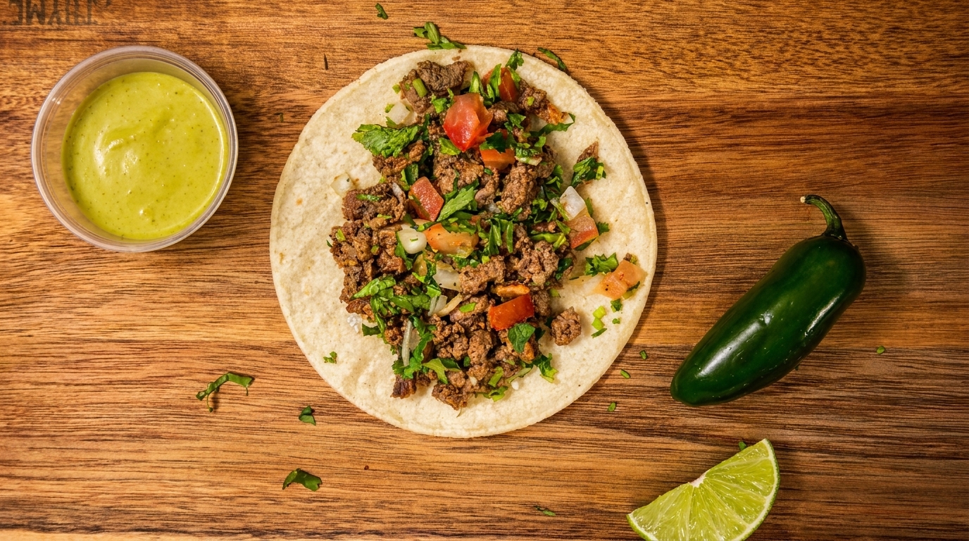 Overhead view of a beef taco with salsa verde, jalapeño, and lime on a wooden surface.