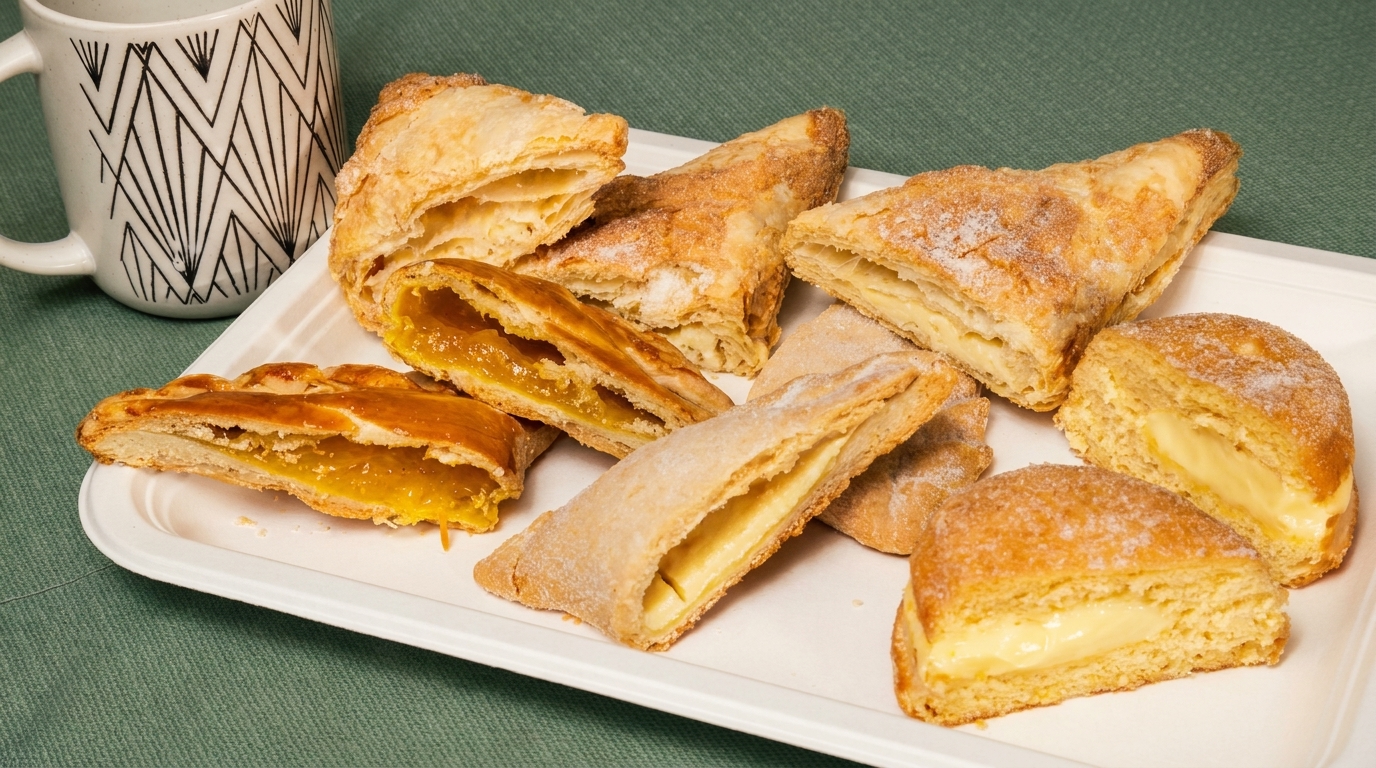A white tray holds various pastries with fruit and cream fillings, next to a patterned mug.