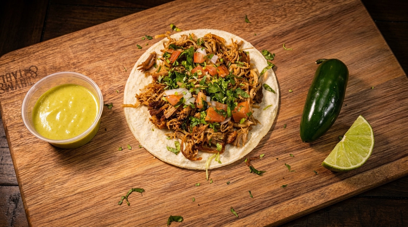 A delicious taco with shredded meat, diced tomatoes, and cilantro, served with green sauce, a jalapeño, and a lime wedge on a wooden board.