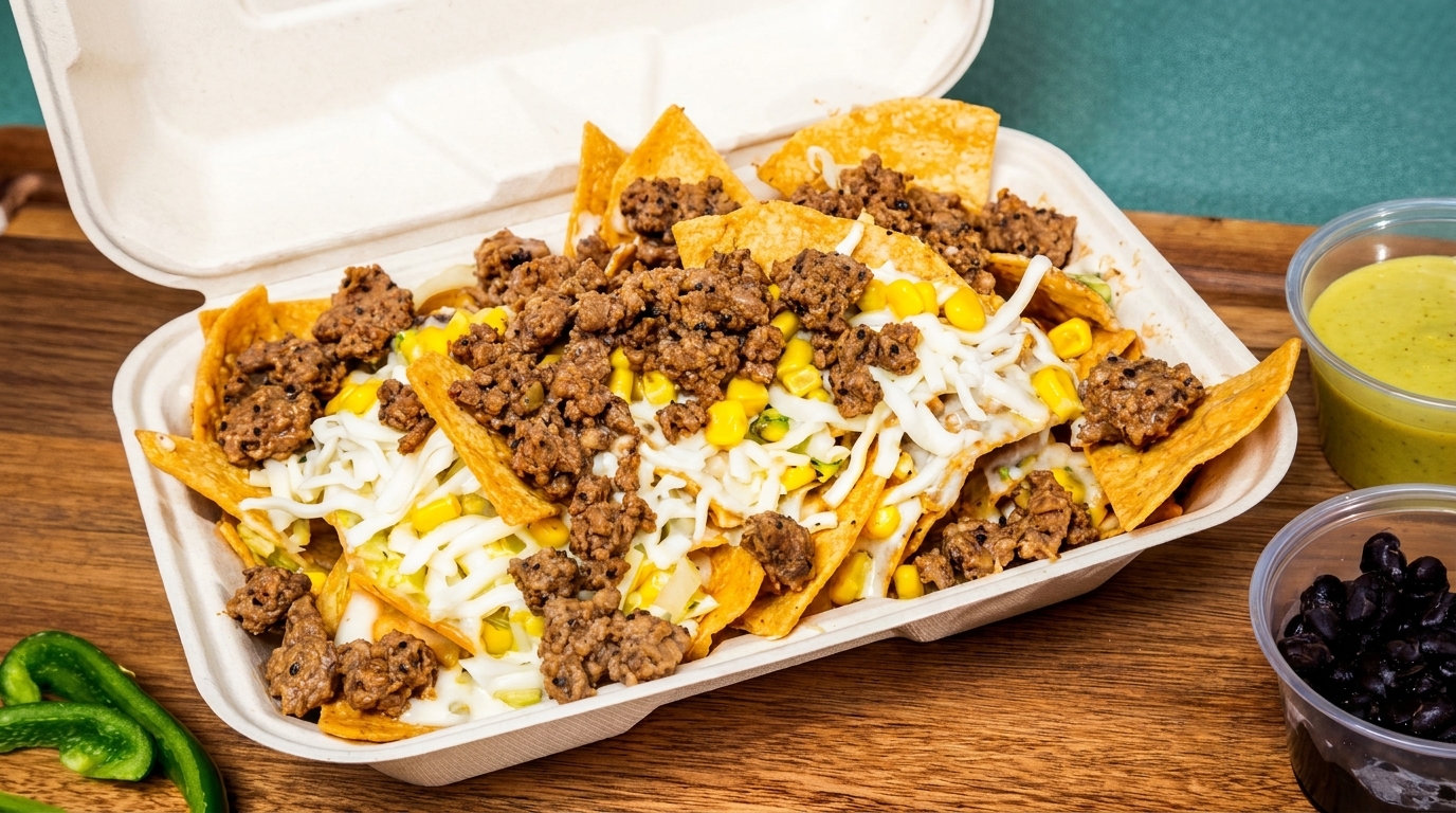 Nachos with ground beef, corn, and shredded cheese in a to-go container, with sides of salsa and black beans.