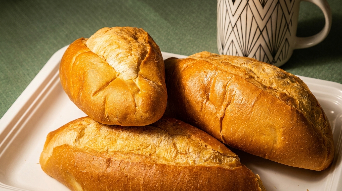 Three golden-brown bread loaves on a white tray with a patterned mug and green tablecloth.
