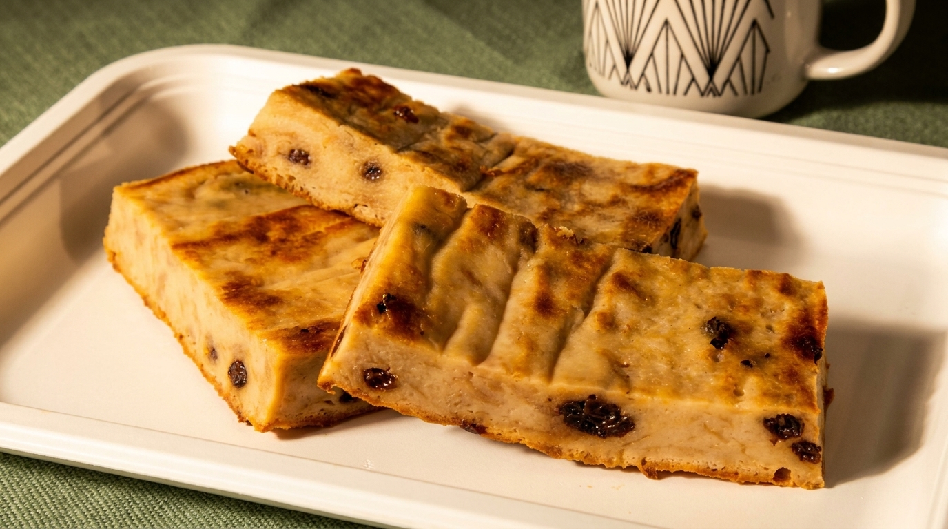 Three slices of golden-brown bread pudding with raisins on a white rectangular plate.