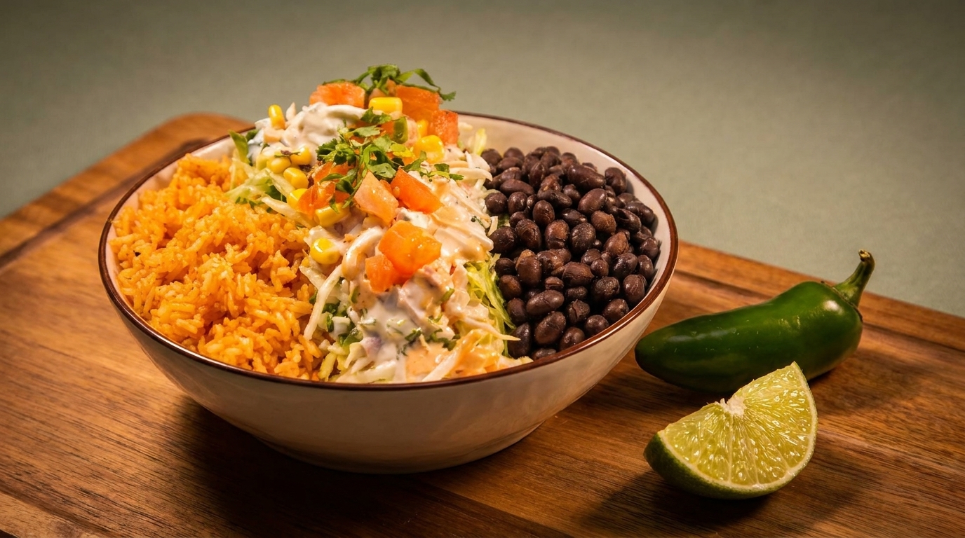 A colorful burrito bowl with orange rice, black beans, salad, and a jalapeño and lime wedge.