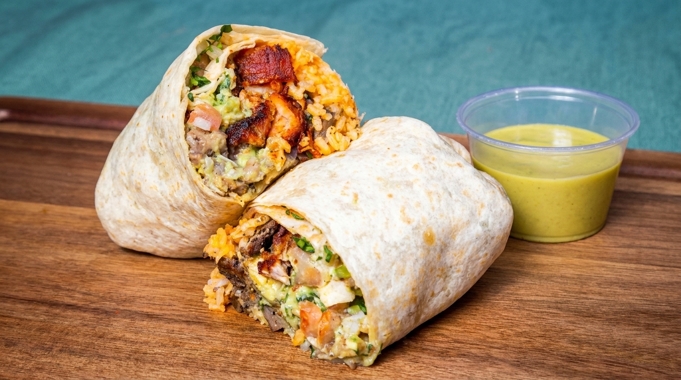 Two halves of a large, stuffed burrito with rice, meat, and guacamole, next to a cup of green sauce.